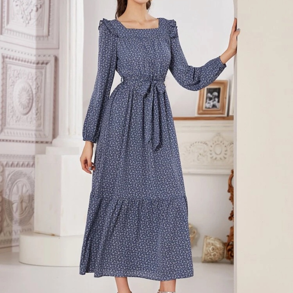 Floral ruffle trim belted dress